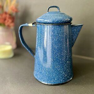 Enamelware Blue Speckled Camping Coffee Pot 8 Cup Percolator Vintage